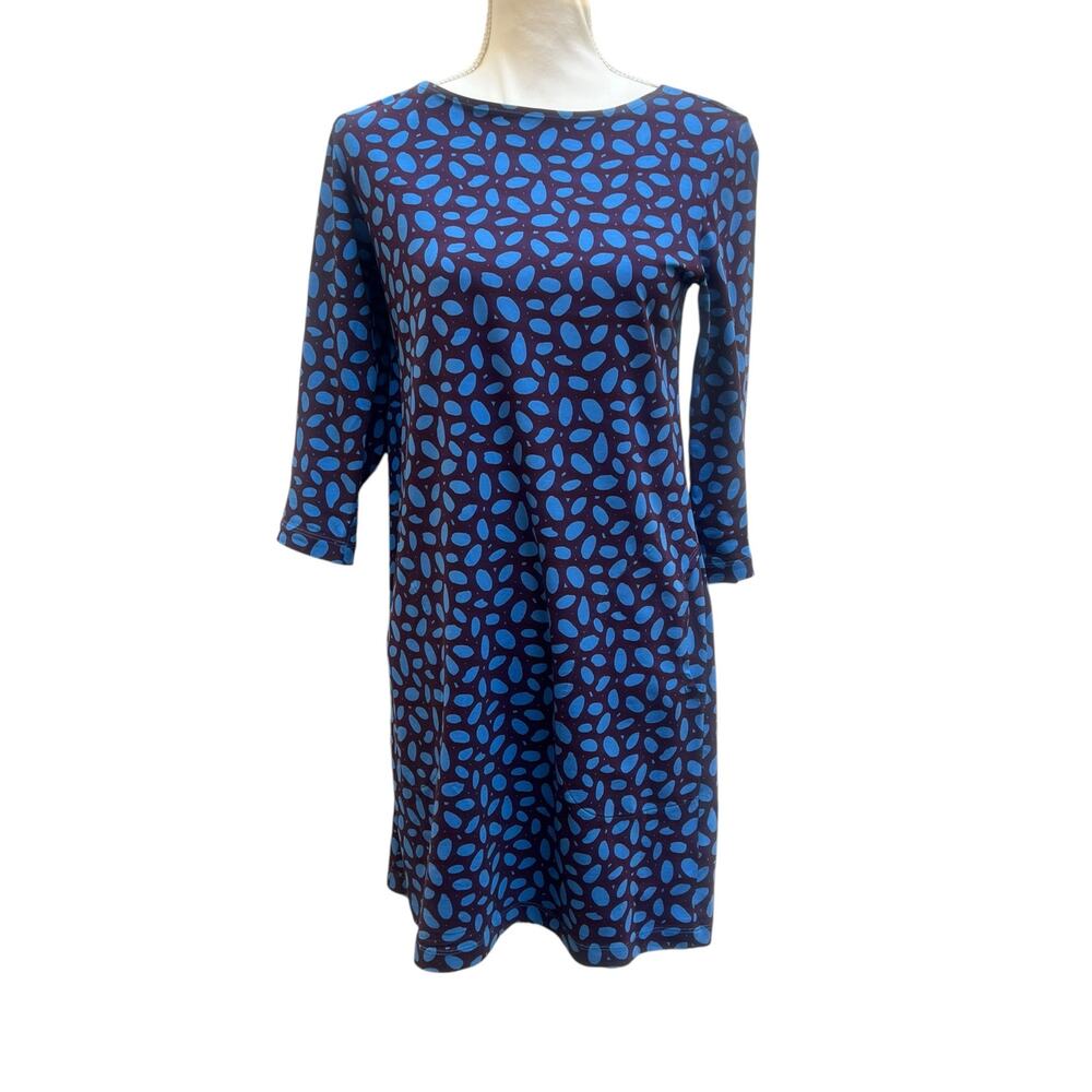 Marimekko Blue Black Pebble Print 3/4 Sleeve Shift Dress Size XS